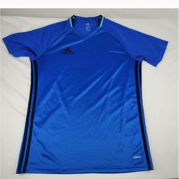 ADIDAS ADIZERO BLUE BLACK SHORT SLEEVE V NECK PERFORMANCE SHIRT medium M - Picture 1 of 12